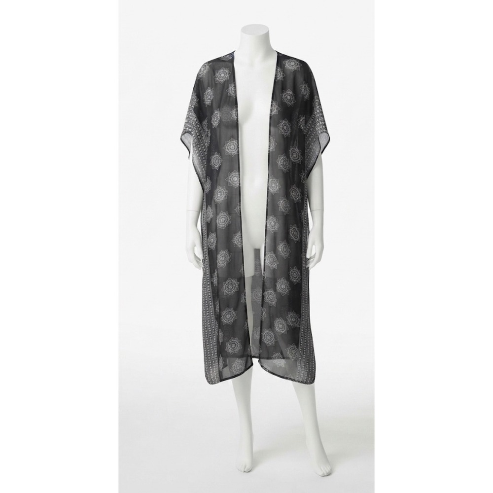 Black White Open‎ Front Kimono Cardigan L/XL Whimsigoth Witchy Goth Floral Boho